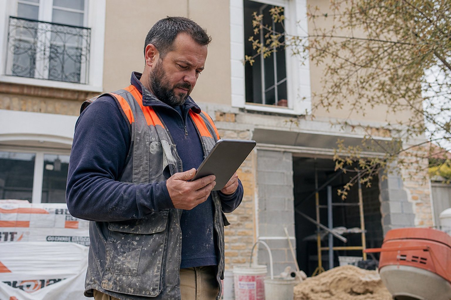 Artisan du bâtiment sur chantier avec son téléphone