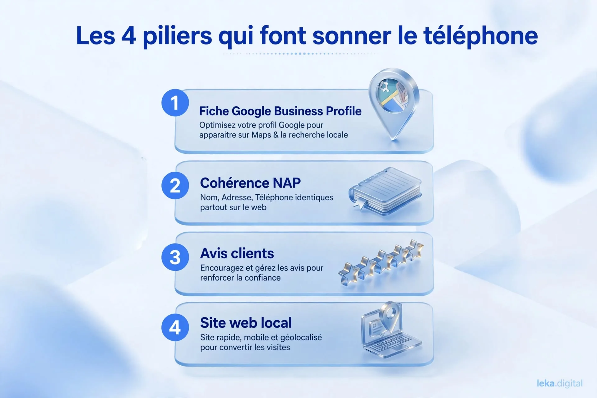 Les 4 piliers du SEO local qui font sonner le téléphone d'un artisan : fiche Google, cohérence NAP, avis clients, site web local