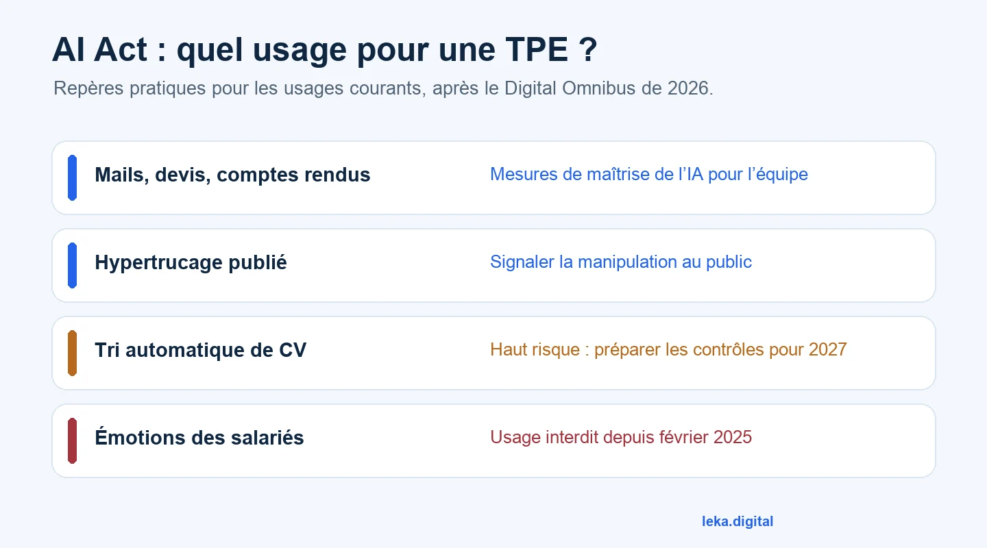 Quatre usages de l’IA en TPE classés selon les règles de l’AI Act : maîtrise de l’IA, hypertrucage, tri des CV et analyse des émotions