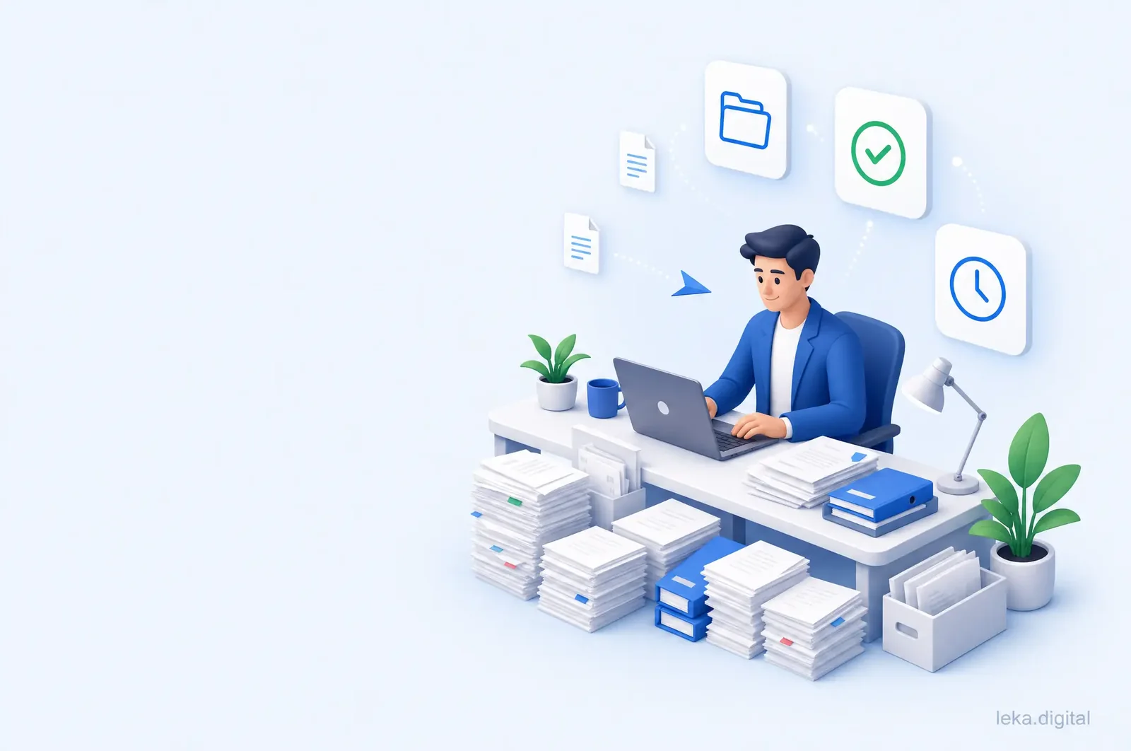 Dirigeant de TPE entouré de documents administratifs qui se transforment en tâches automatisées