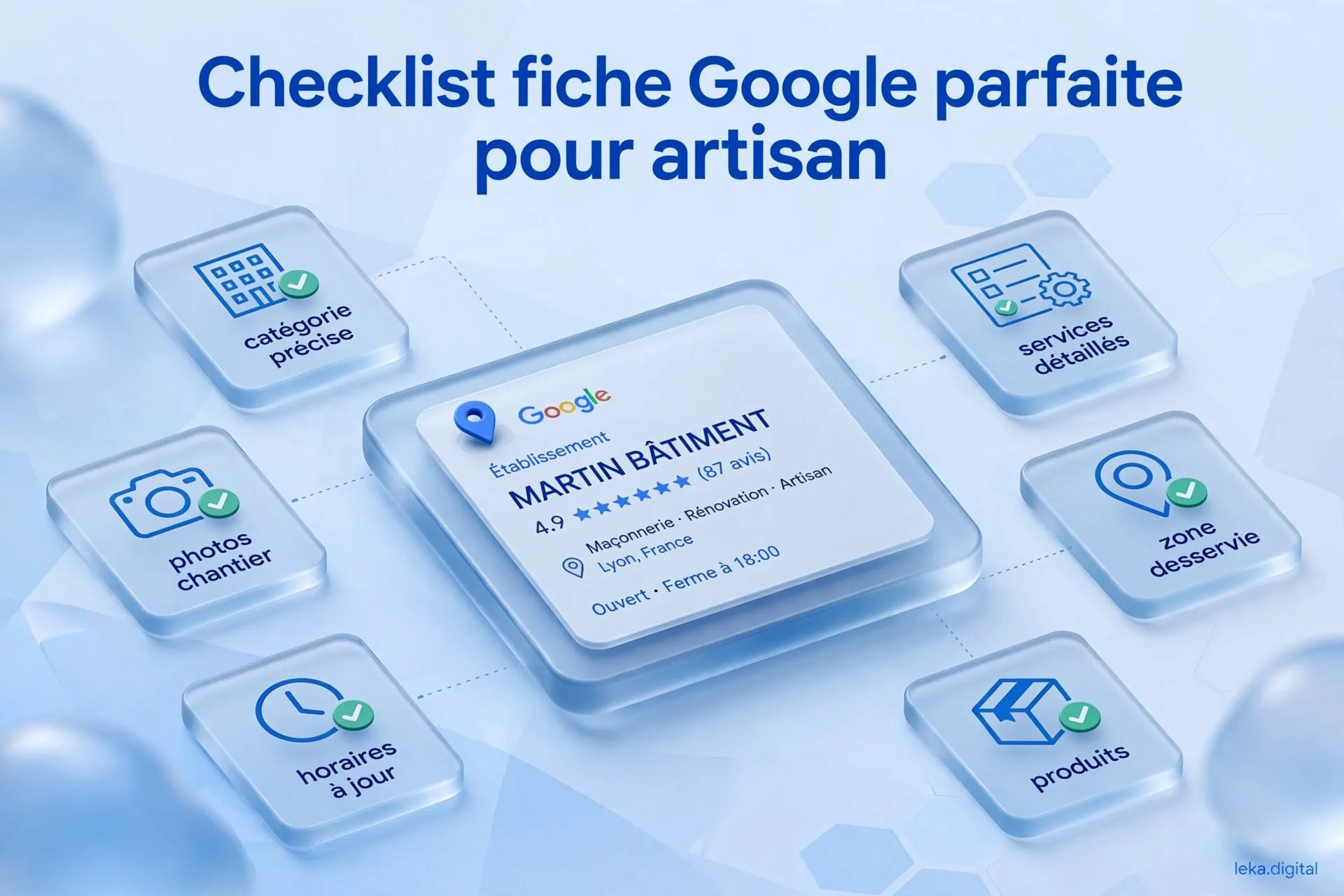 Checklist illustrative de la fiche Google Business Profile pour artisan : catégorie précise, photos chantier, horaires, zone desservie