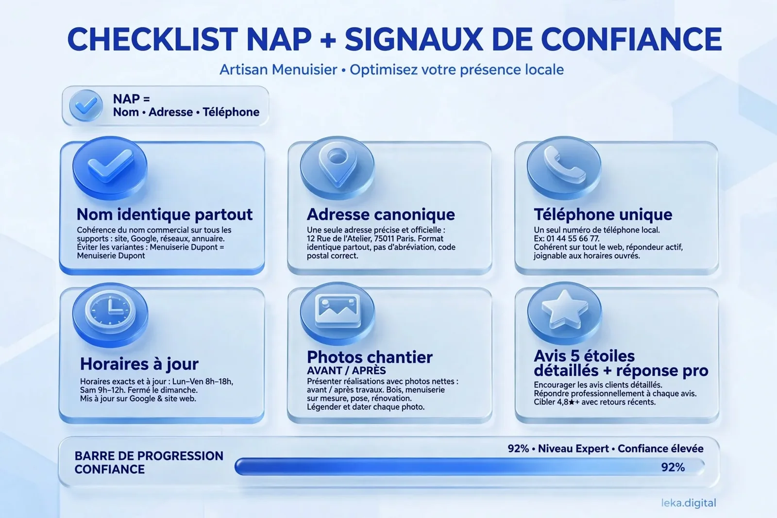Checklist illustrative des signaux NAP et de confiance pour un artisan local
