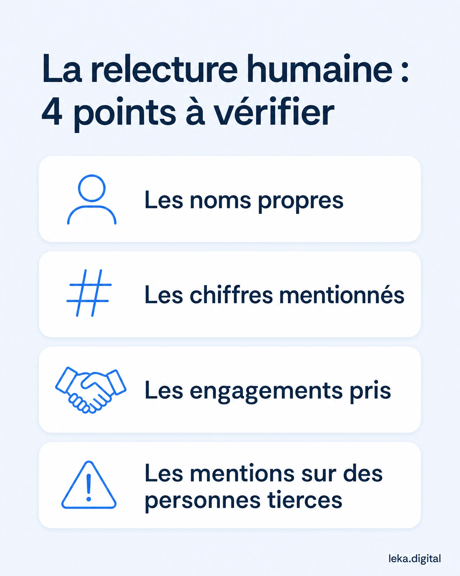 La relecture humaine avant diffusion : 4 points à vérifier, noms propres, chiffres mentionnés, engagements pris, mentions de personnes tierces