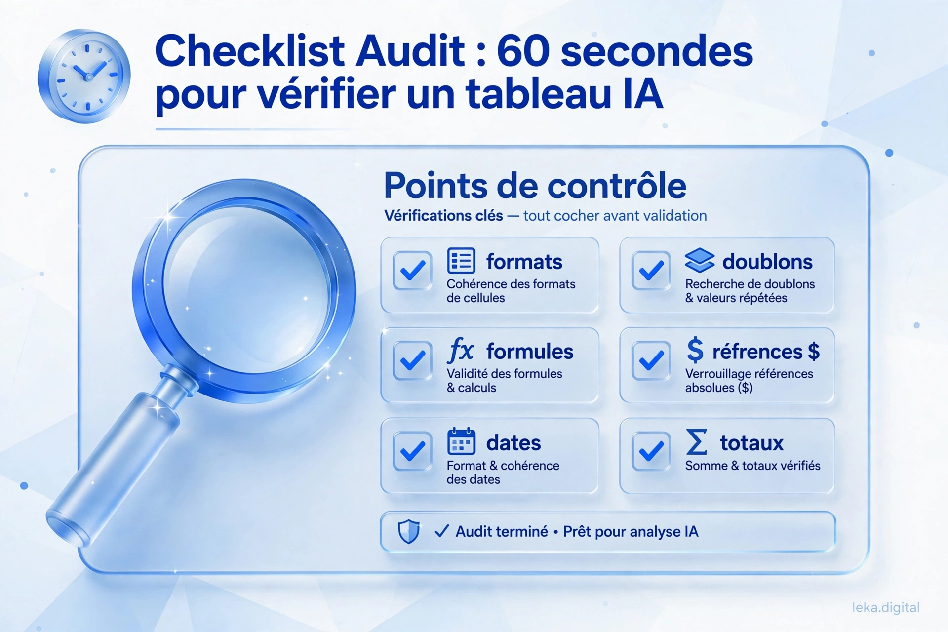 Checklist d'audit d'un tableau généré par l'IA : formats, doublons, formules, références absolues, dates et totaux