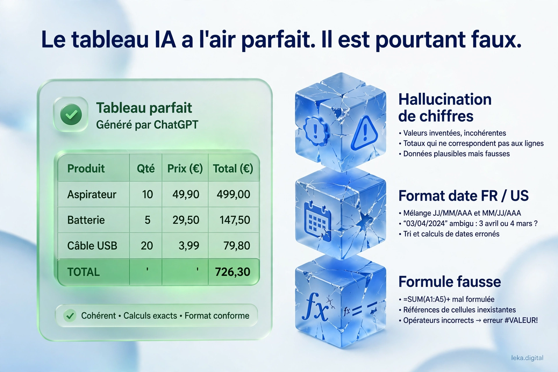 Infographie expliquant pourquoi un tableau Excel généré par IA peut contenir des erreurs de chiffres, dates et formules
