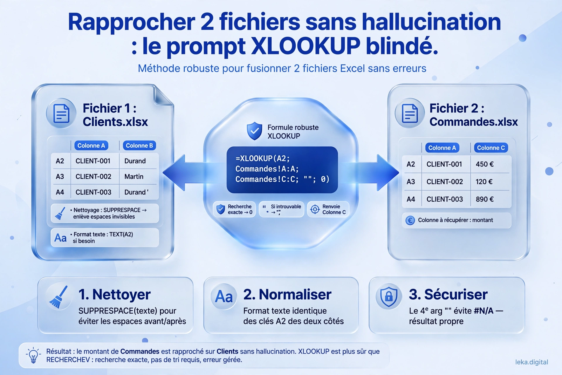 Rapprochement de deux fichiers Excel Clients et Commandes avec une formule de recherche exacte, un nettoyage des espaces et une valeur vide si introuvable
