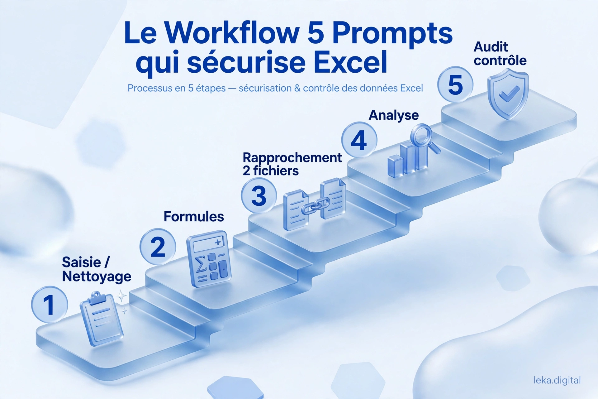 Escalier en cinq étapes : saisie et nettoyage, formules, rapprochement de deux fichiers, analyse, audit de contrôle