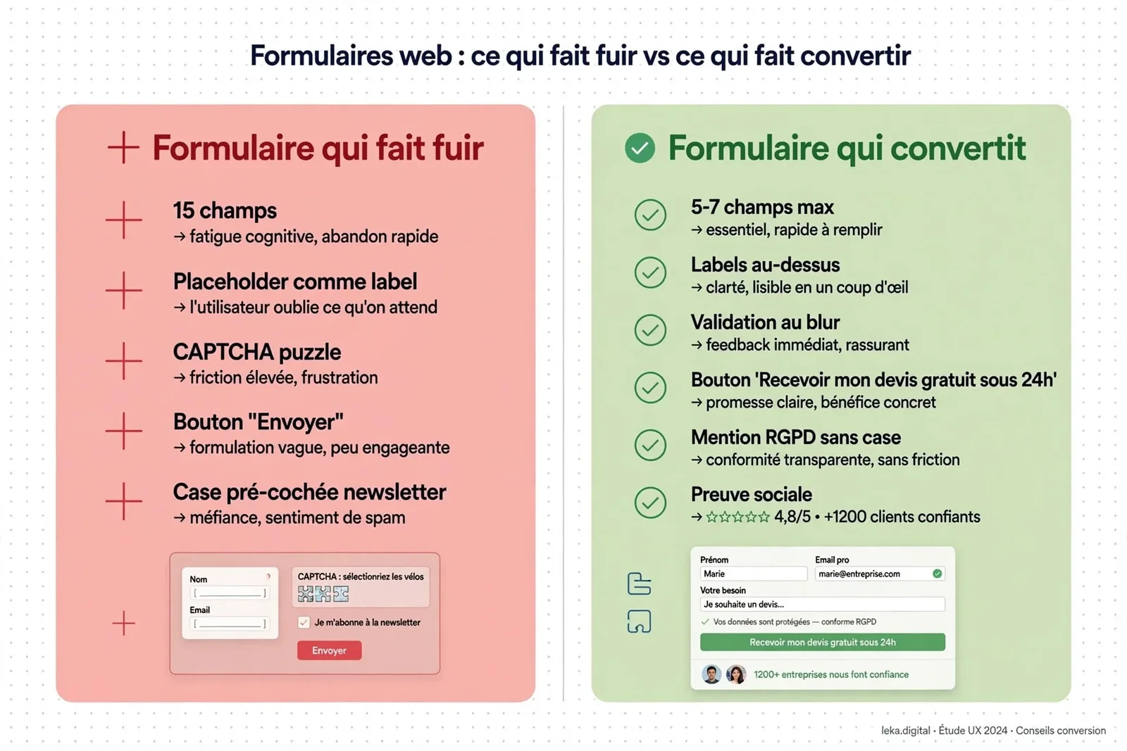 Comparatif illustratif entre un formulaire web qui crée de la friction et un formulaire qui clarifie l’action