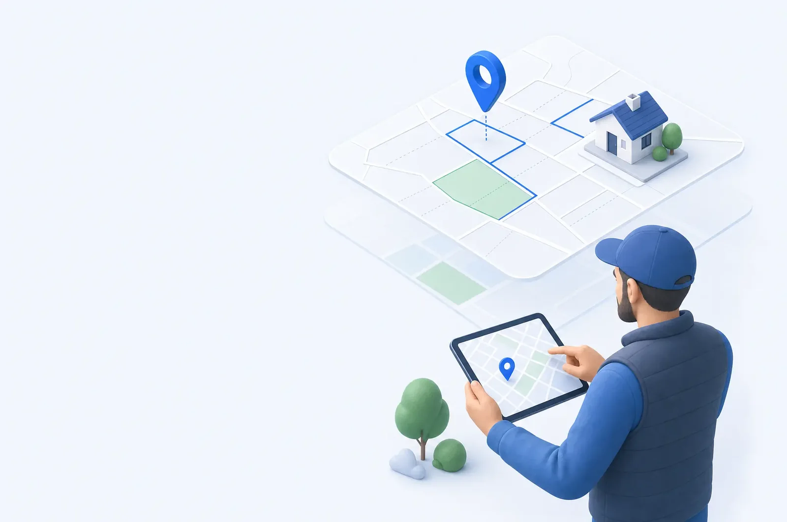 Artisan consultant une carte et un plan cadastral superposés à des repères de localisation