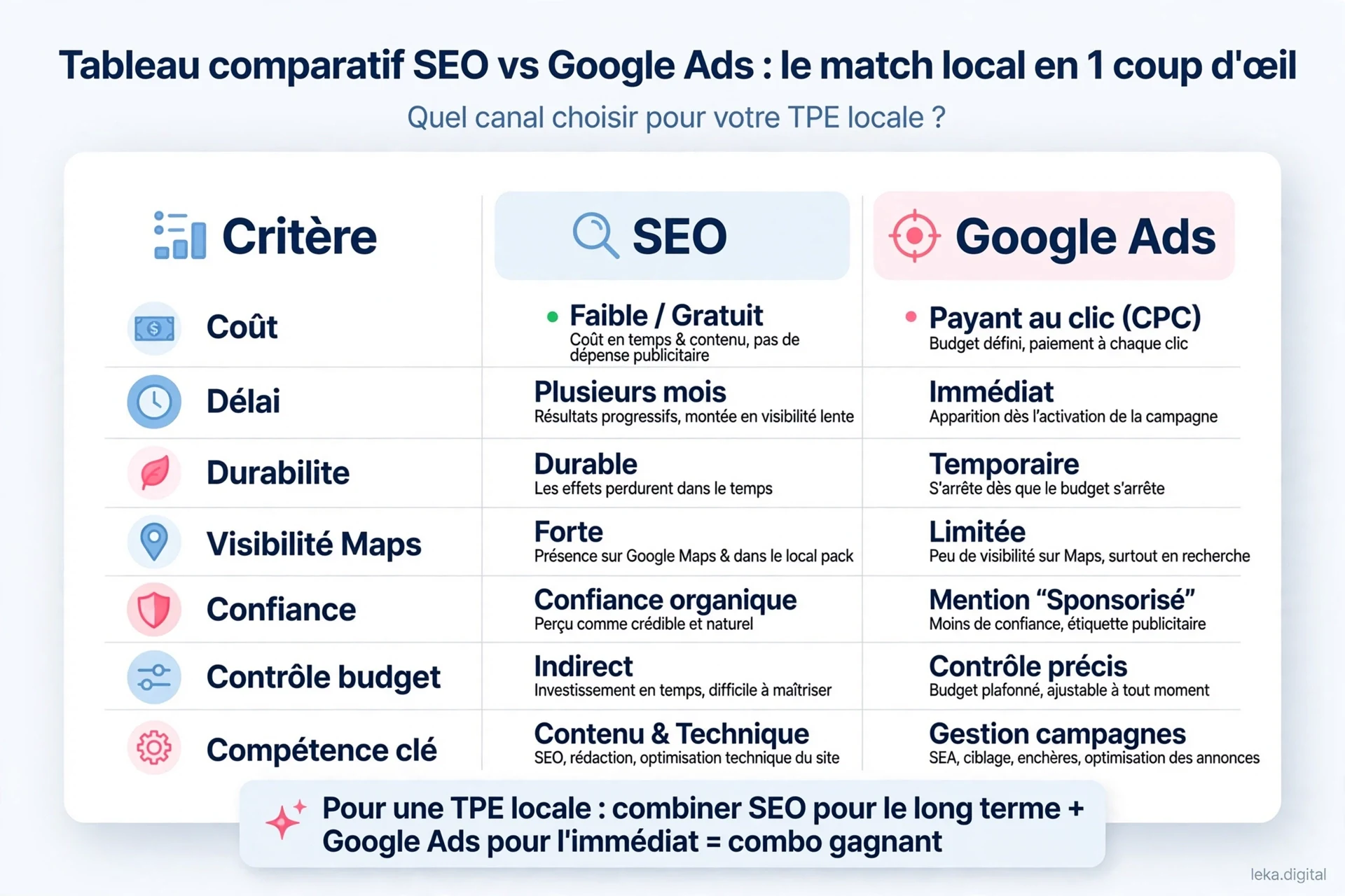 Comparaison entre SEO local et Google Ads selon le délai, la durée des effets et les points de vigilance