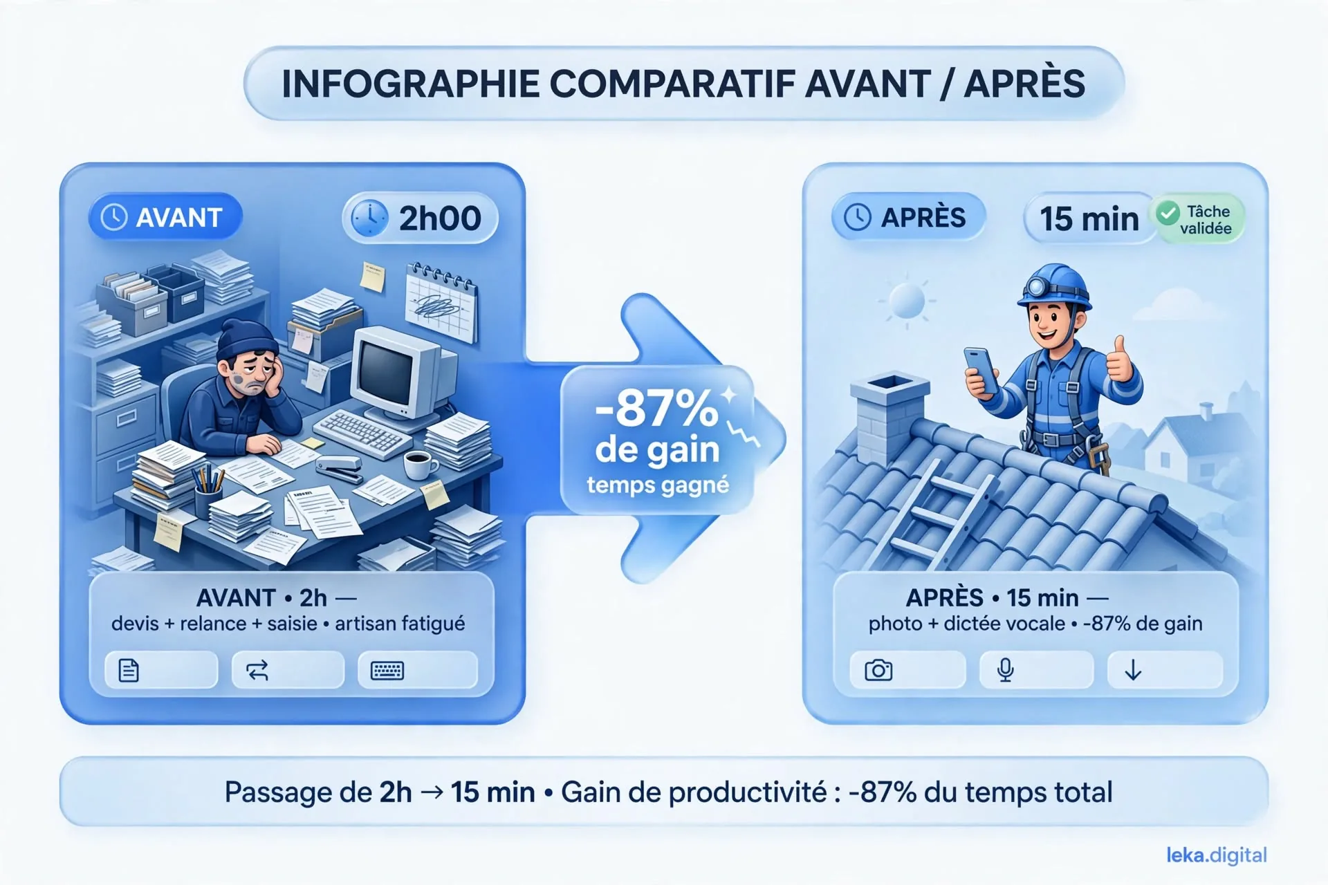Comparaison du temps passé sur l'administratif avant et après la mise en place d'un devis vocal assisté par IA