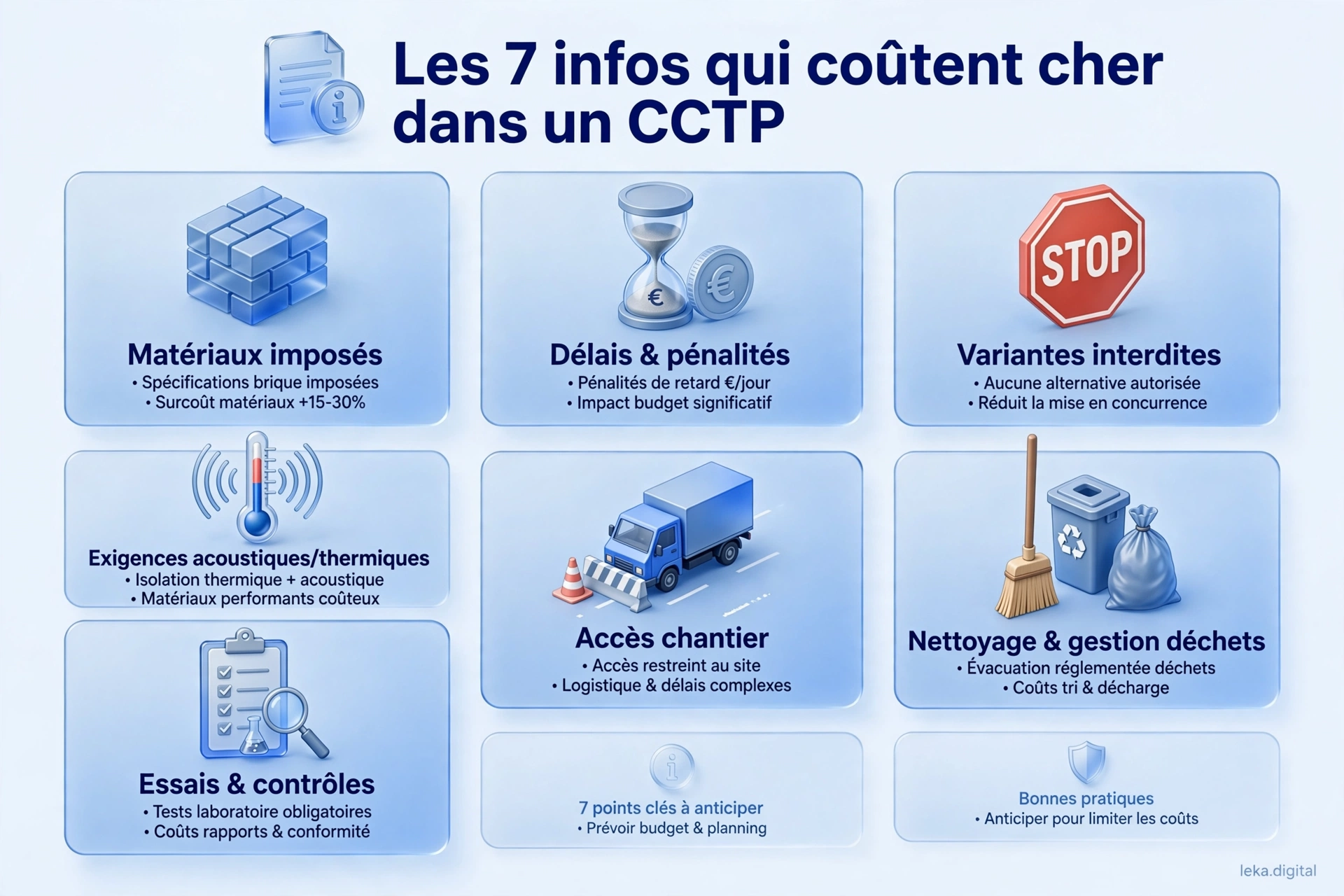 Checklist des informations d'un CCTP qui peuvent coûter cher à l'entreprise : quantités, matériaux, essais, interfaces, accès, délais, variantes