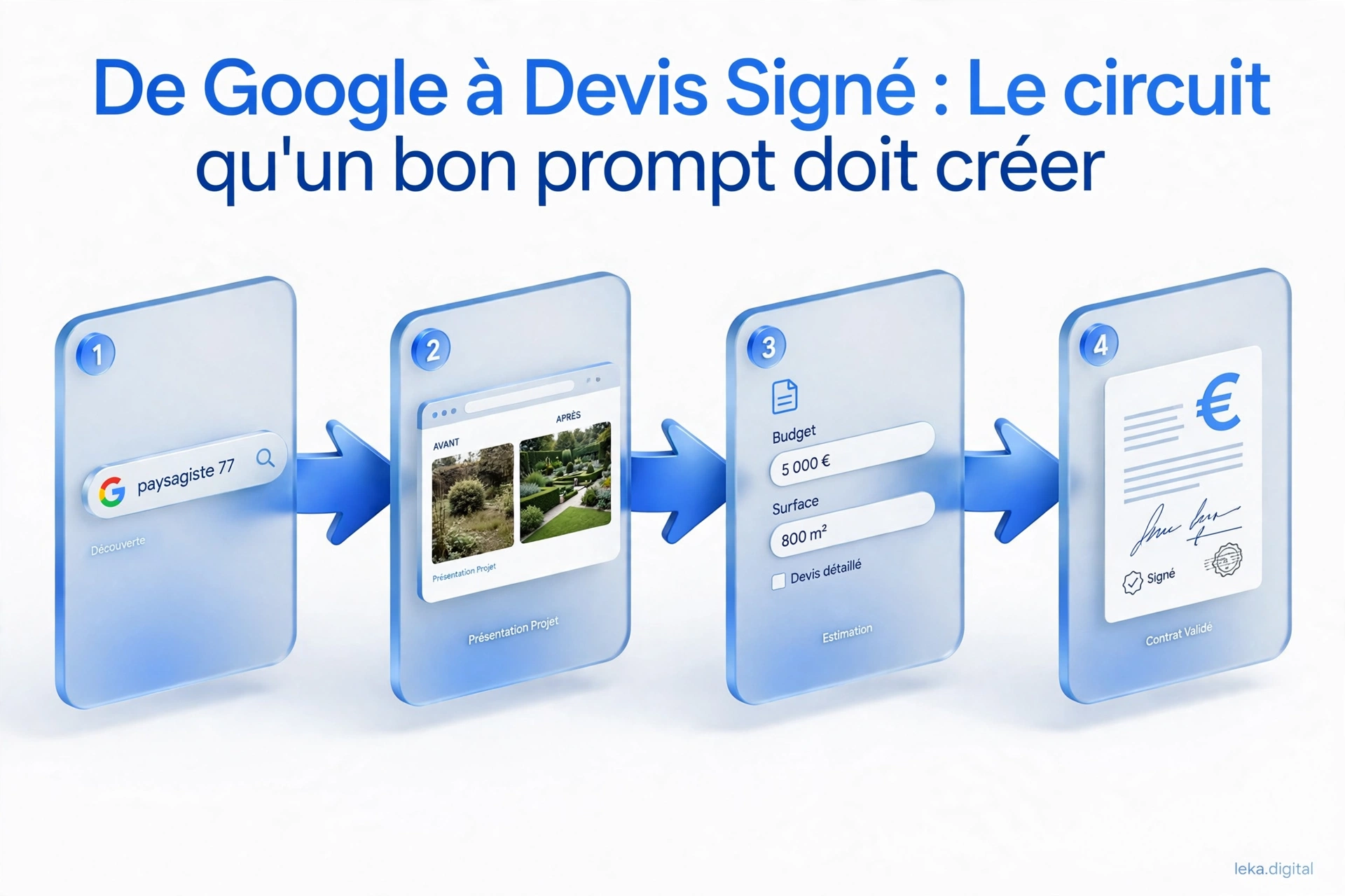 Circuit reliant une recherche locale de paysagiste à un devis signé