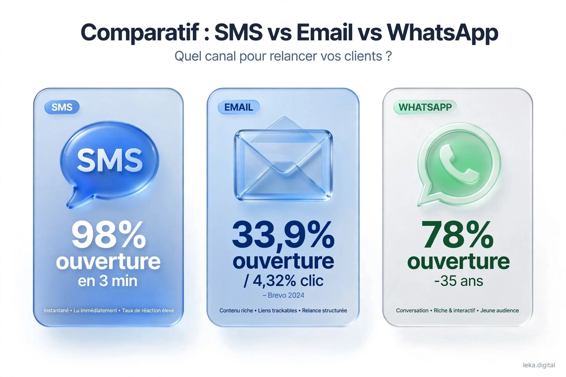 Comparatif des taux d'ouverture Email, SMS et WhatsApp pour la relance client
