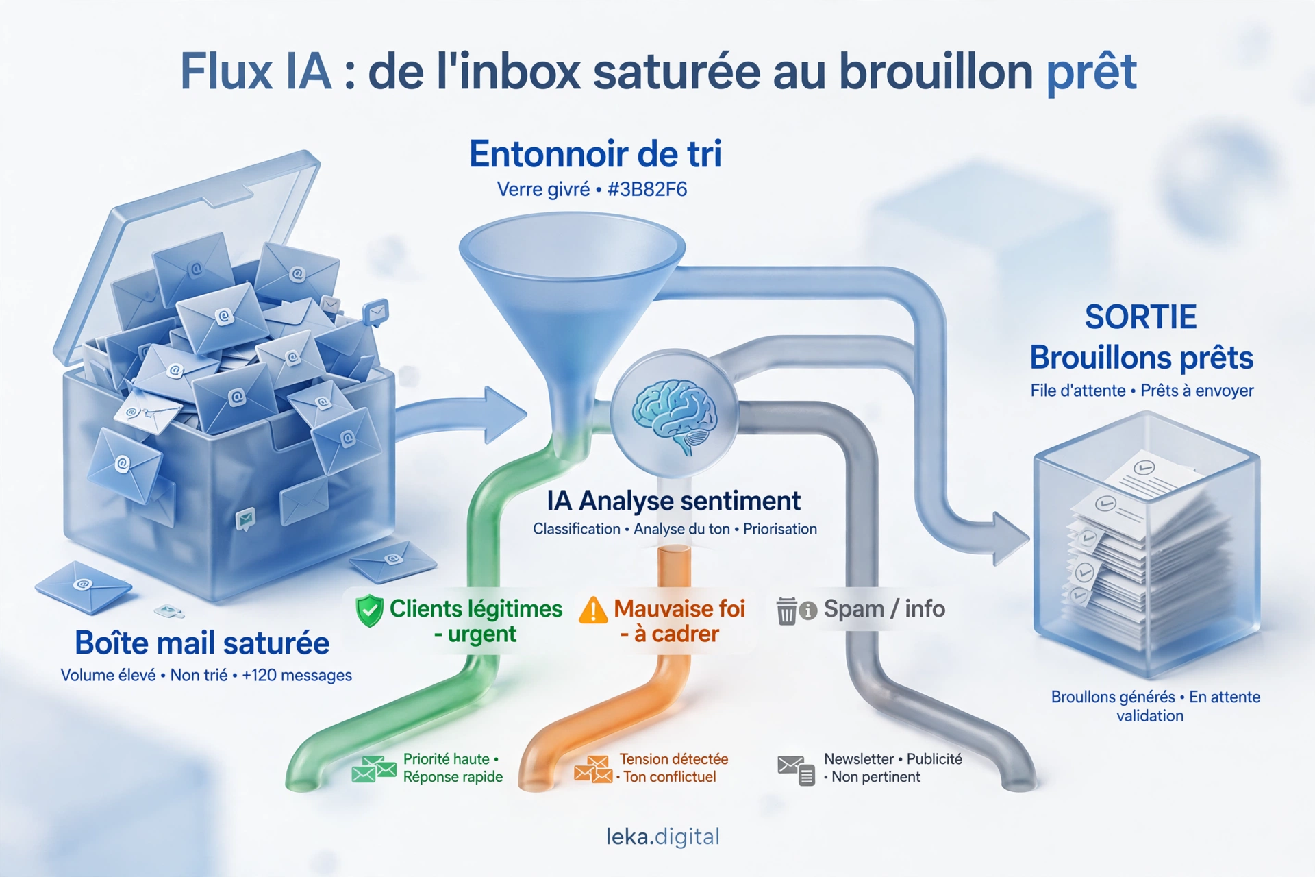 Flux de tri d'une boîte mail saturée : analyse du ton, clients légitimes urgents, messages de mauvaise foi à cadrer, spam, puis brouillons en attente de validation