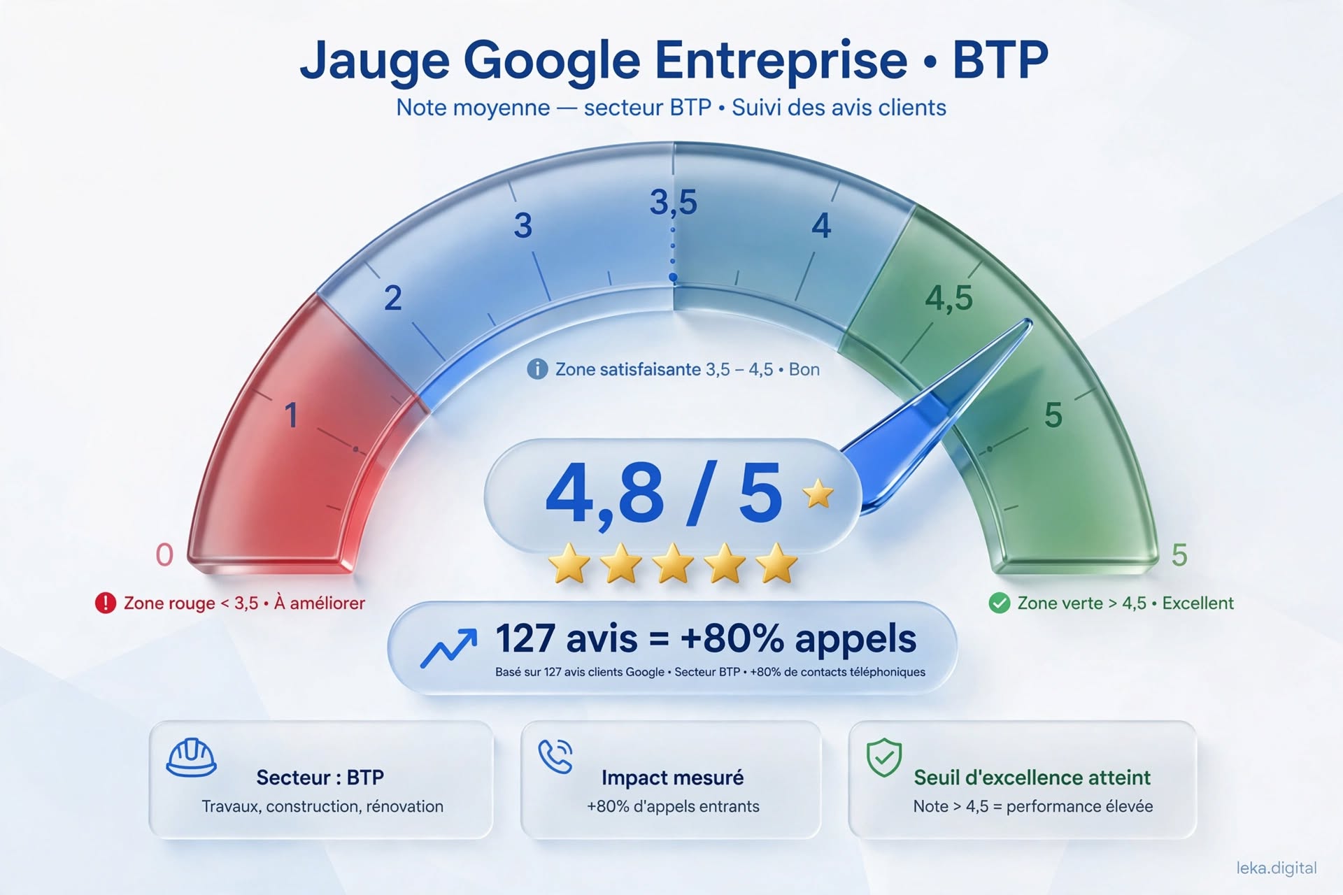 Jauge de réputation Google pour une entreprise BTP, avec note et volume d'avis