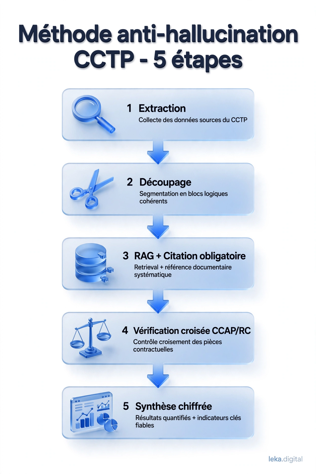 Méthode en cinq étapes pour résumer un CCTP avec l'IA sans hallucination : découper, extraire, contredire, adapter, valider