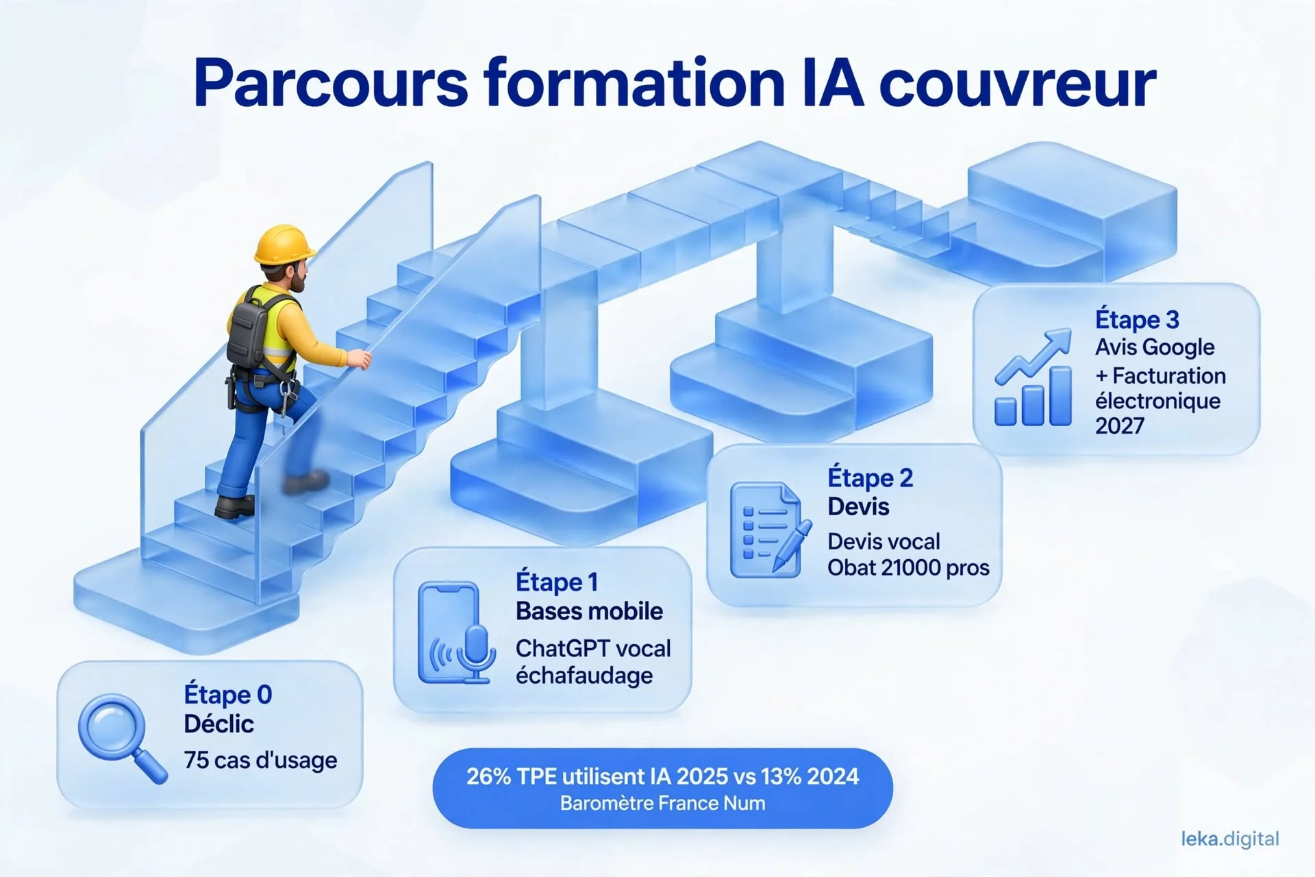 Parcours en 4 étapes de formation IA pour un artisan couvreur, du déclic gratuit à la mise en place d'un devis vocal - Leka Digital