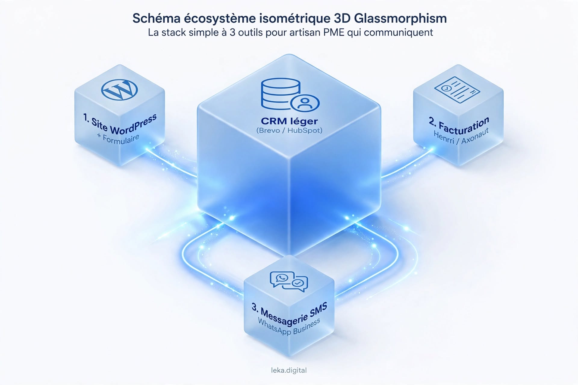 Écosystème simple reliant site, CRM léger, facturation et messagerie