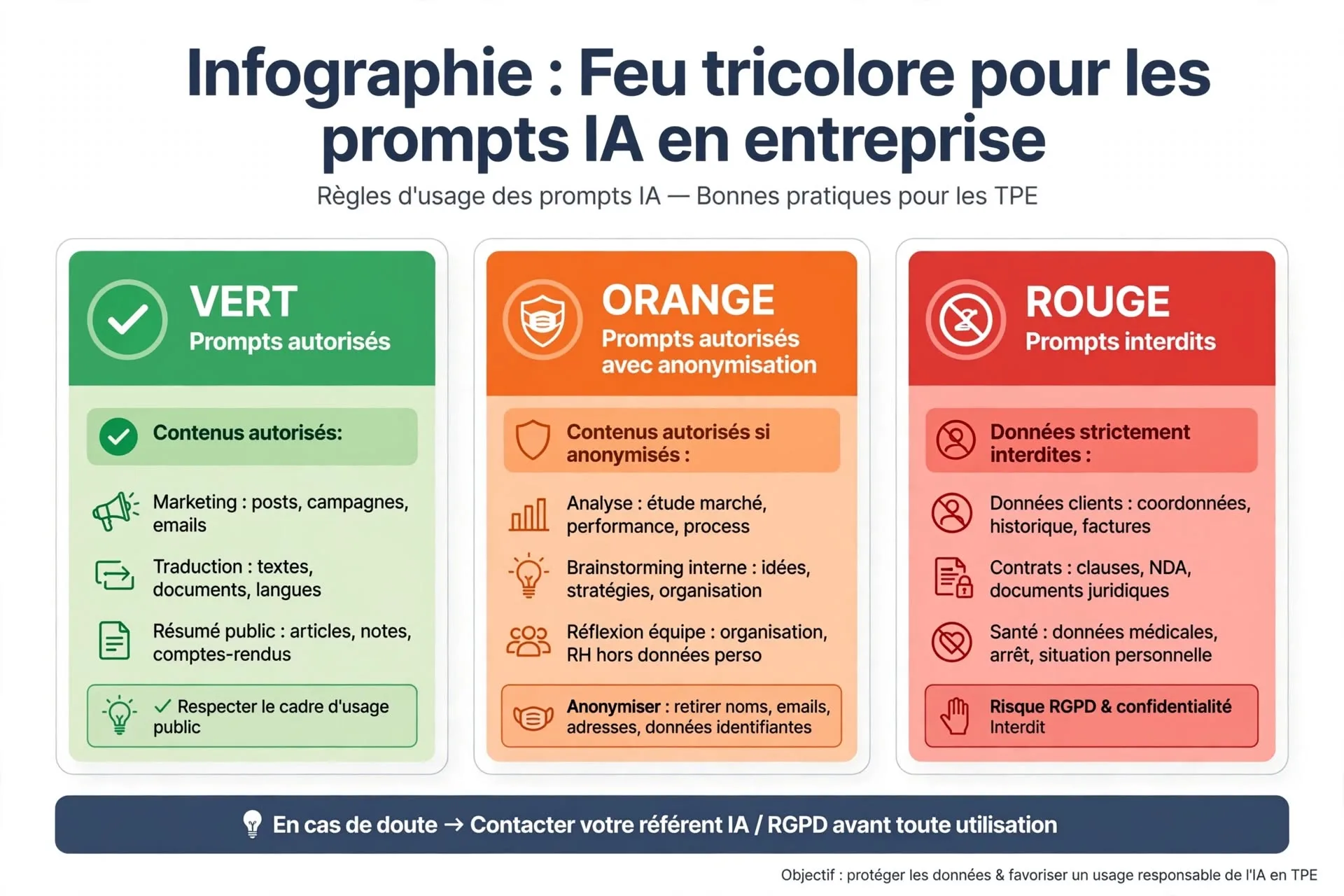 Feu tricolore des prompts IA autorisés, anonymisés ou interdits en entreprise