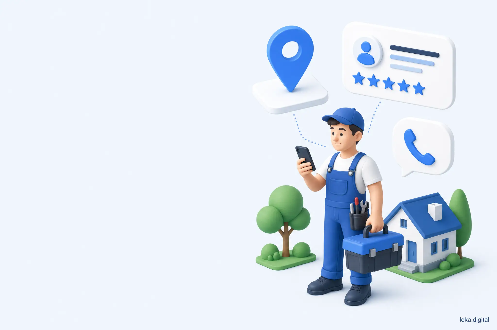 Artisan consultant son smartphone sous une épingle de carte, une fiche d'entreprise avec avis et une bulle d'appel
