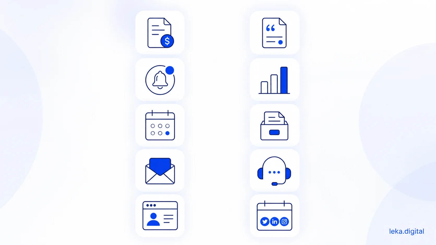 Dix pictogrammes des tâches à automatiser : devis et factures, relances, rendez-vous, emails, fiche client, avis, tableau de bord, classement, standard téléphonique et publications