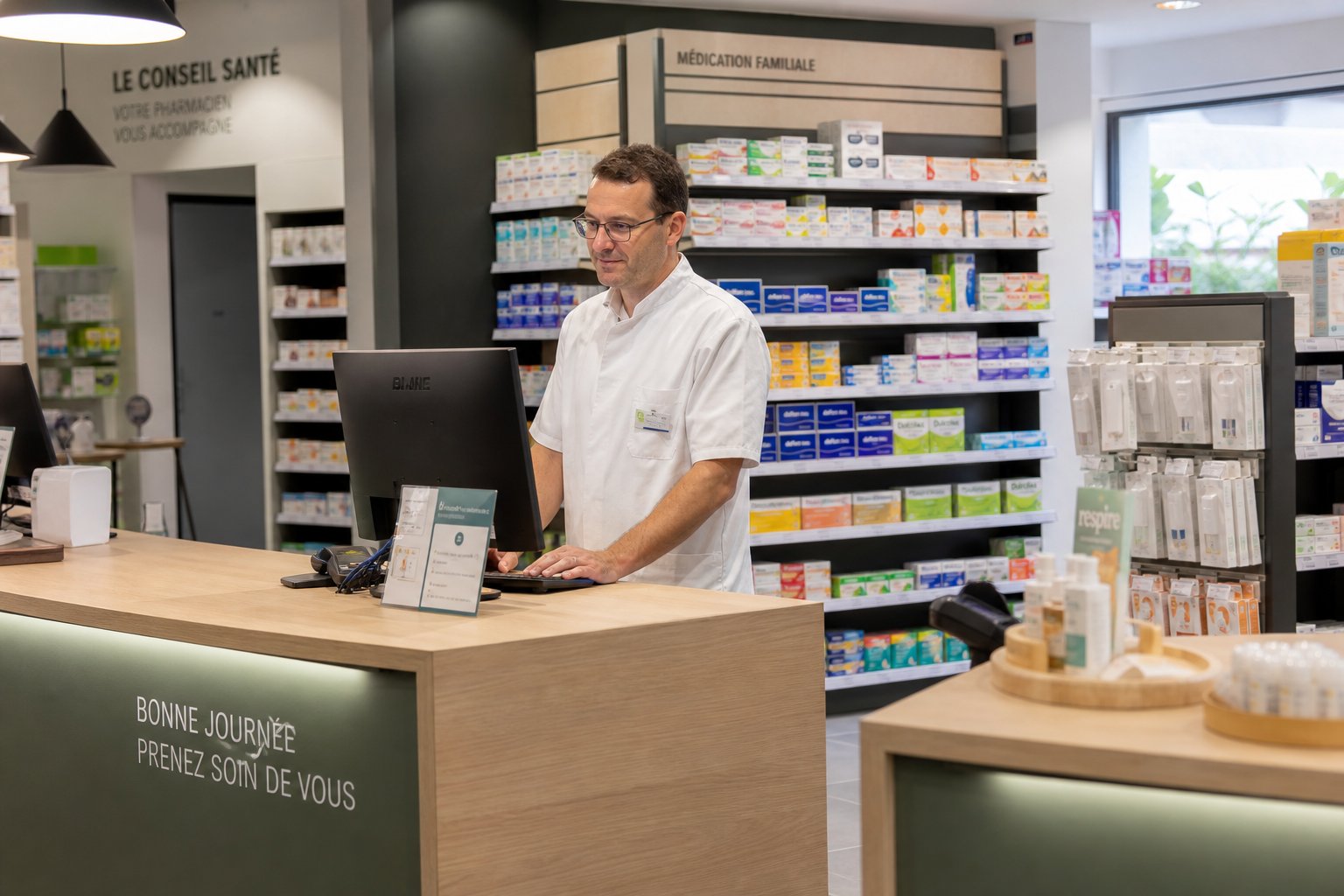 Pharmacie et équipe de santé avec outils documentaires