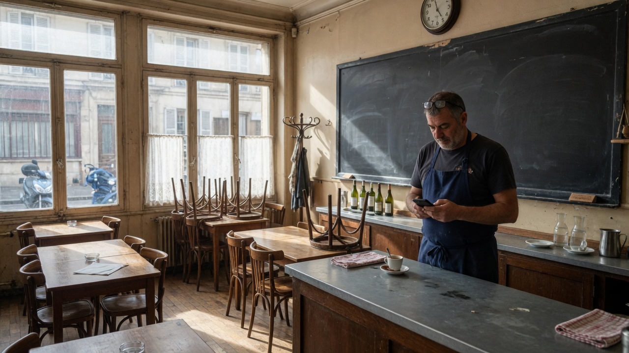 Restaurateur au comptoir, téléphone en main