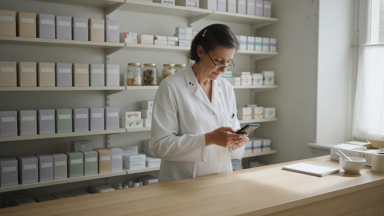 Pharmacienne au comptoir, téléphone en main