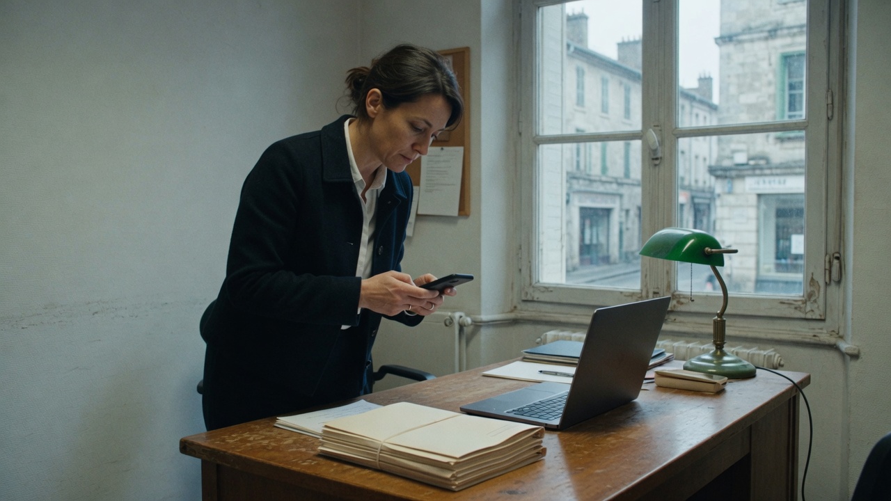Consultante dans un petit bureau, téléphone en main