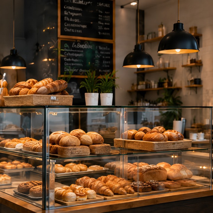 Vitrine intérieure d&rsquo;une boulangerie avec pains et viennoiseries