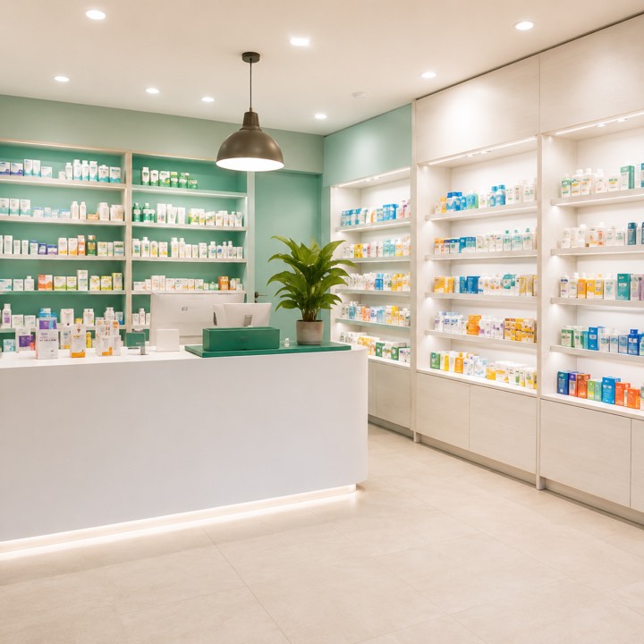Intérieur lumineux d’une pharmacie avec comptoir et rayonnages