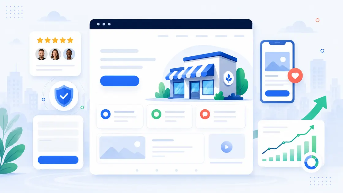 Maquette de page web locale avec avis clients, mobile et indicateurs de croissance