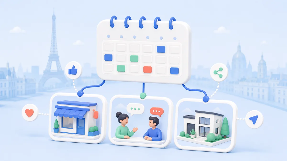 Calendrier éditorial reliant contenus locaux, conversations clients et réalisations