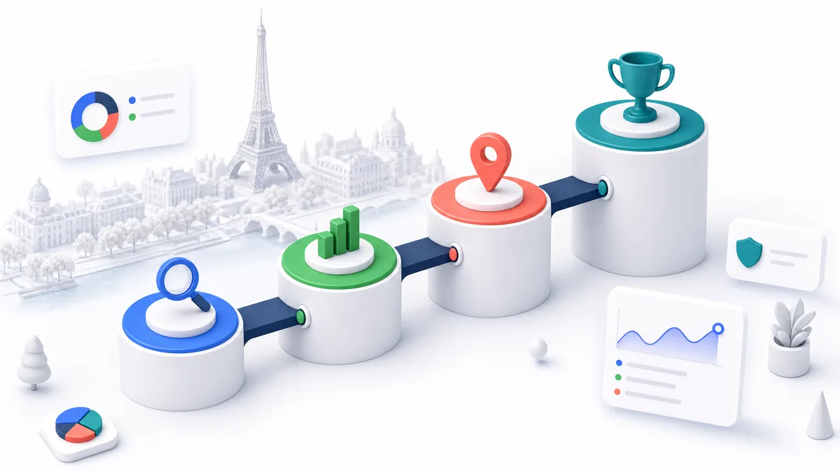 Illustration des 4 phases de progression du SEO local dans le temps