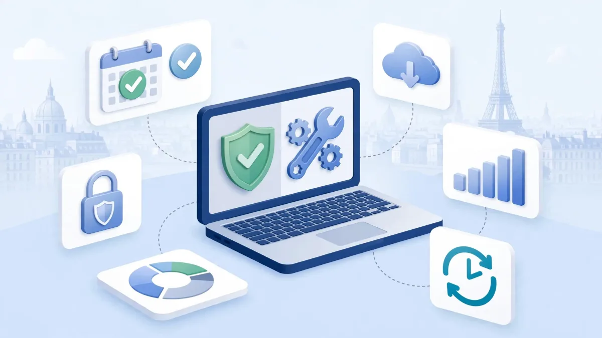 Maintenance de site web avec ordinateur portable, bouclier et outils de suivi