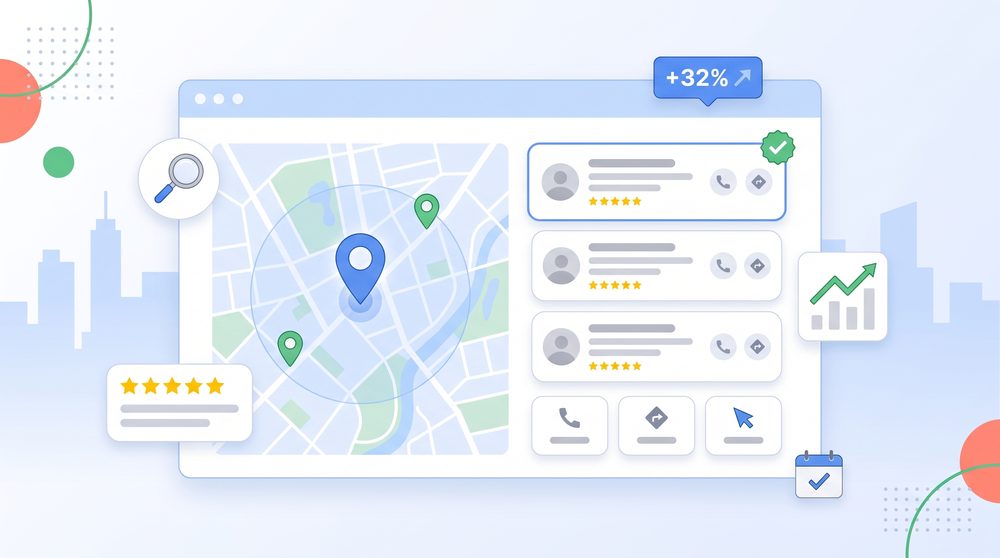 Suivi mensuel des performances d'une fiche Google Business Profile : zone de couverture, avis 5 étoiles et progression des interactions
