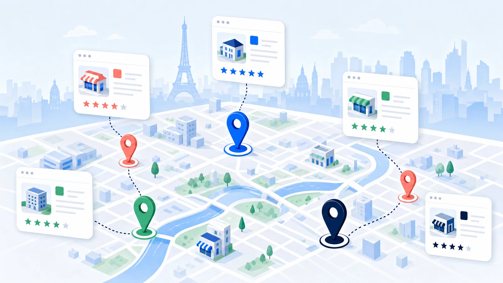 Illustration de pages villes reliées sur une carte locale pour le référencement local