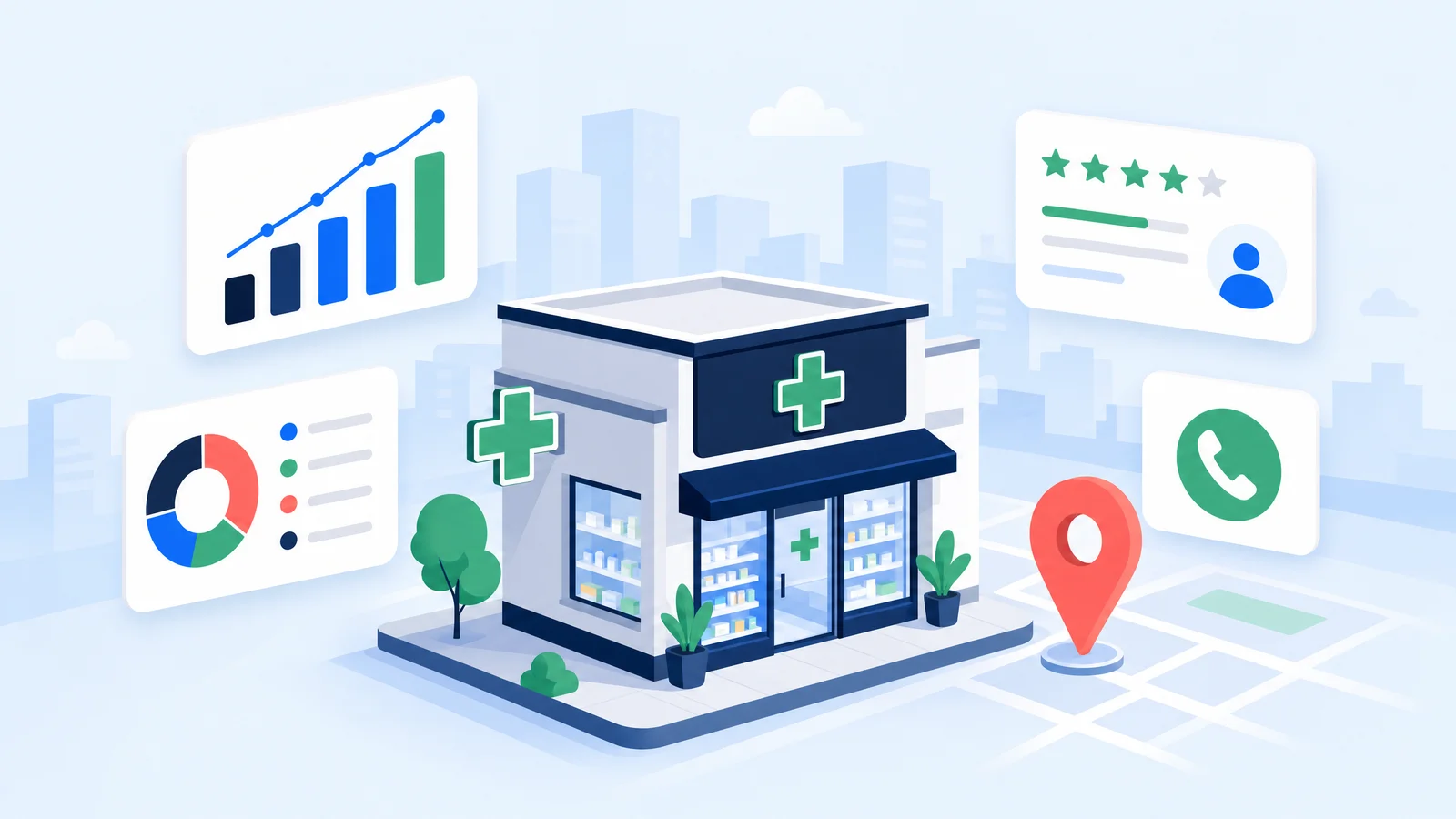 Illustration d'une pharmacie de quartier trouvée facilement sur mobile grâce à sa fiche Google