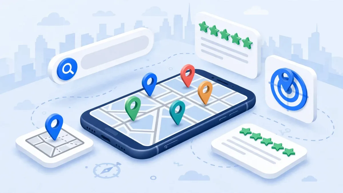 Local Pack Google avec smartphone, carte et repères de localisation