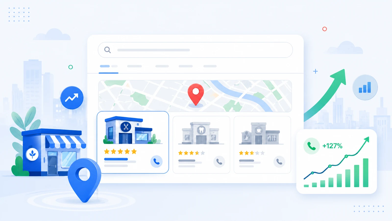 Illustration SEO local avec Pack Local Google, fiche établissement et croissance des appels
