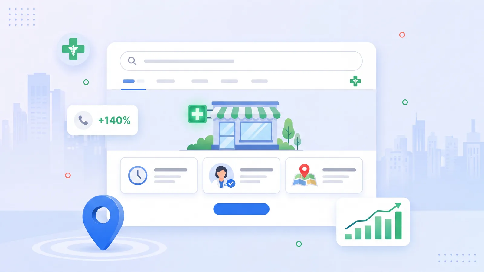 Illustration d'un site internet de pharmacie avec horaires, équipe et localisation pour rassurer les patients