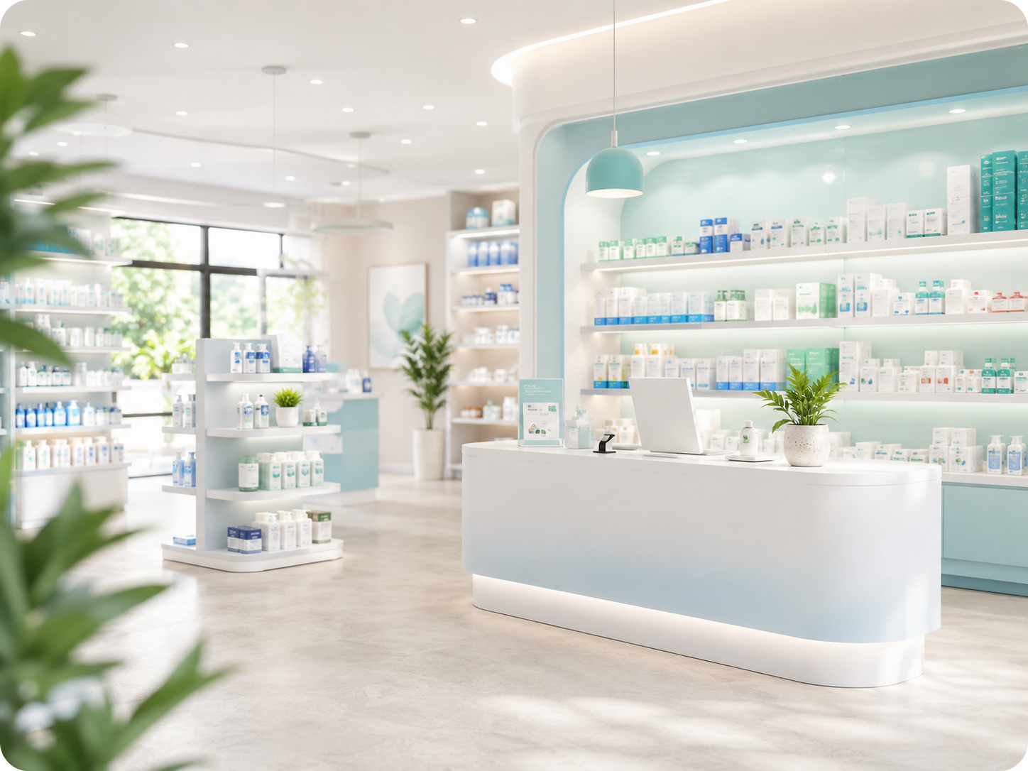 Accueil lumineux d’une pharmacie moderne avec comptoir et rayonnages de services