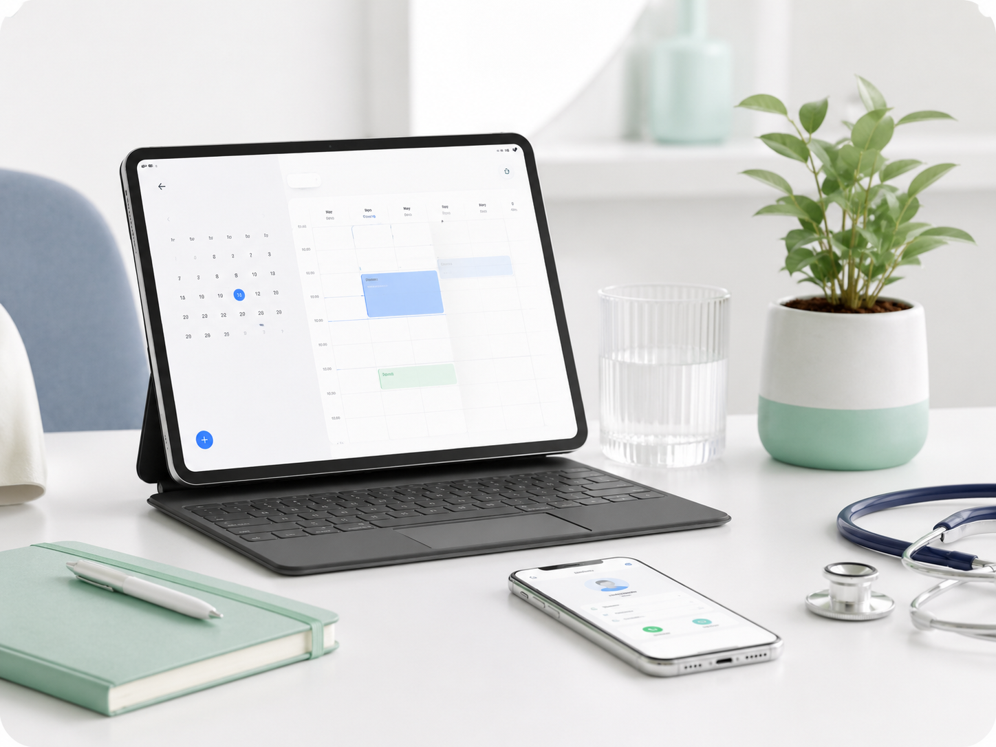 Ordinateur affichant une interface de prise de rendez-vous dans un environnement médical sobre
