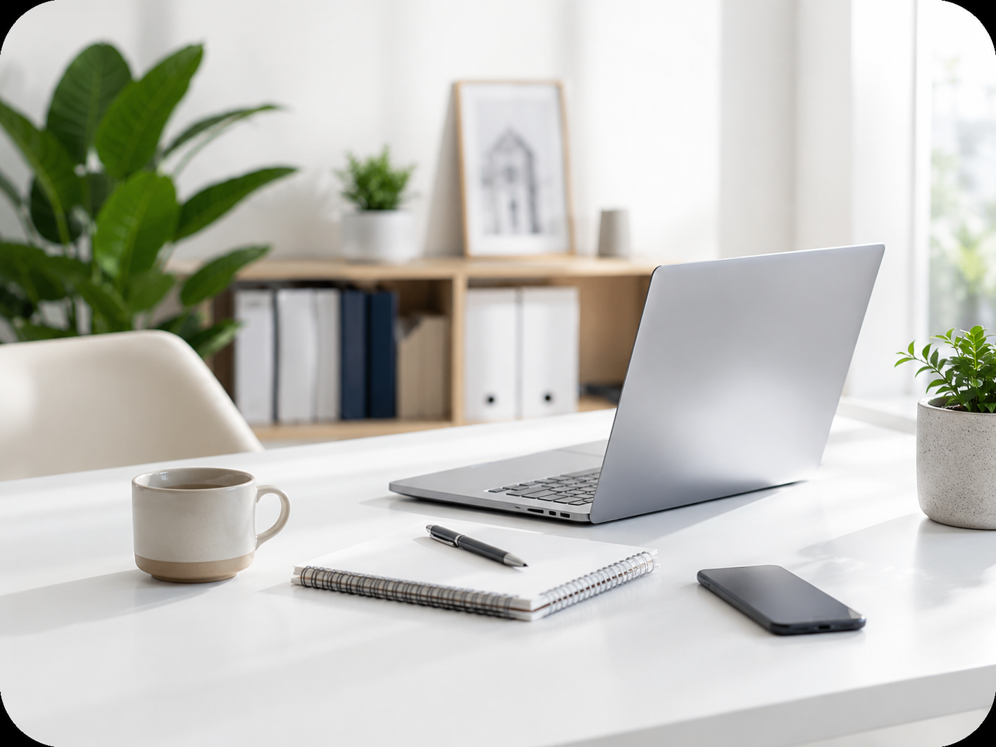 Bureau professionnel lumineux avec ordinateur et supports de présentation