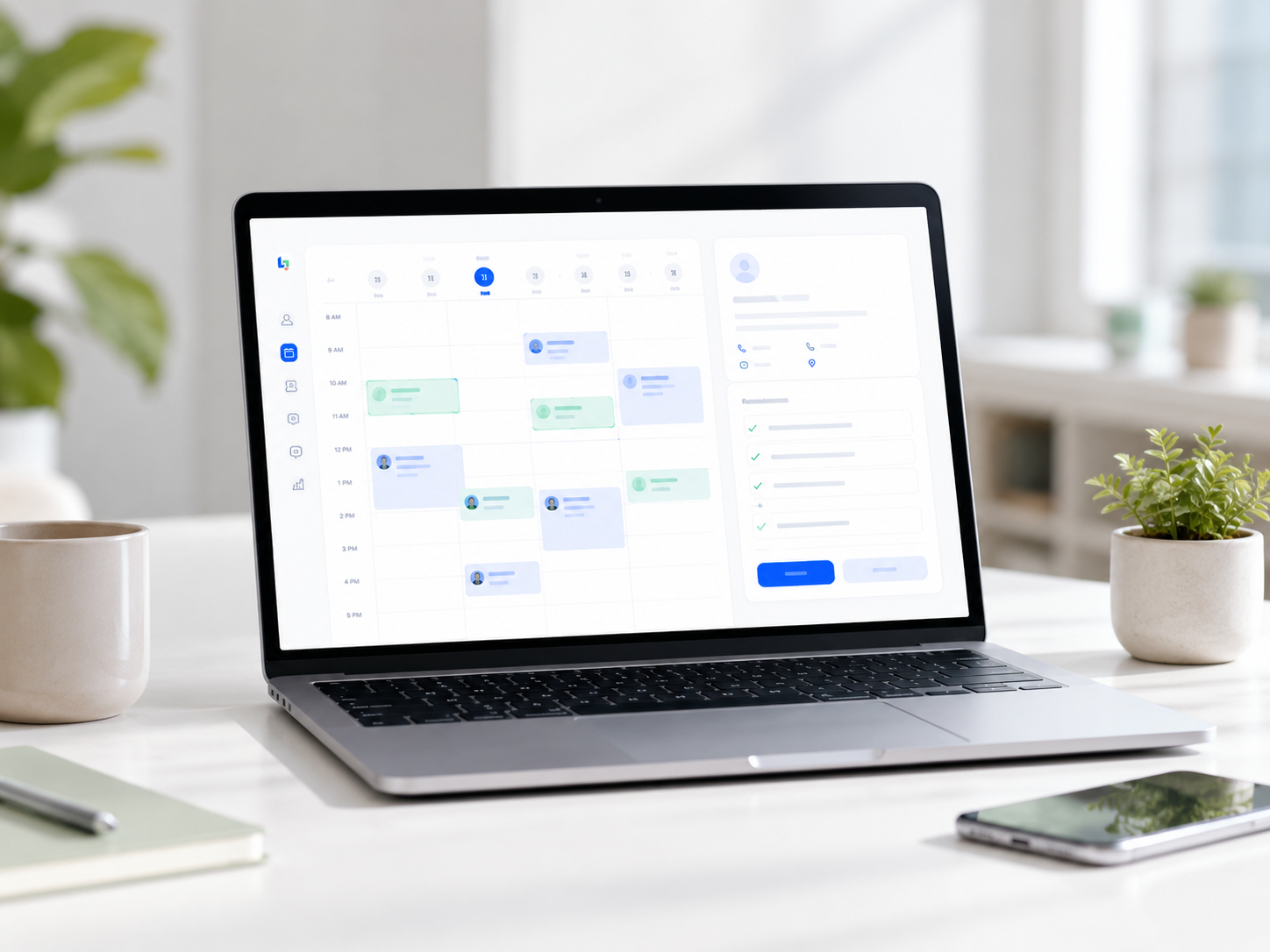Ordinateur affichant un agenda de rendez-vous dans un espace de travail moderne